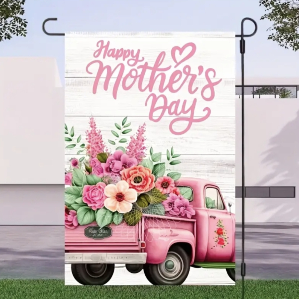 Mother's Day Garden Flag with Pink Truck and Flowers New